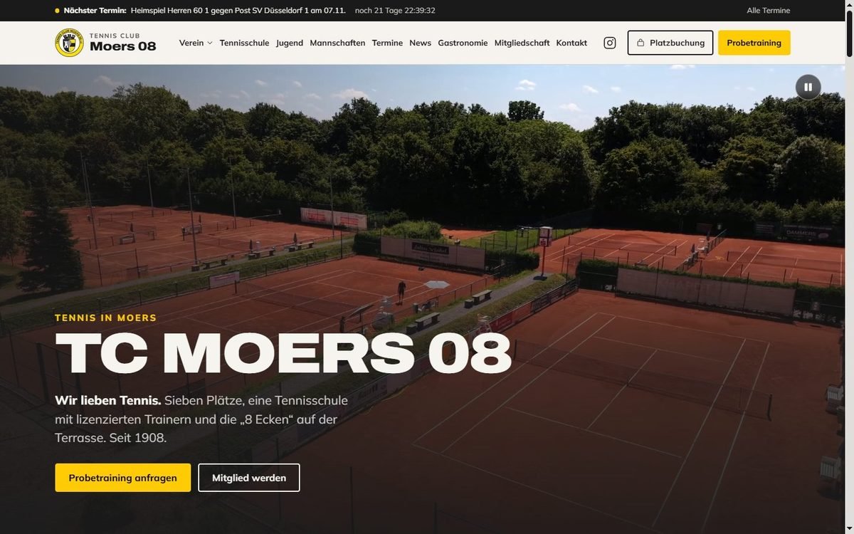Startseite der neuen Website des TC Moers 08